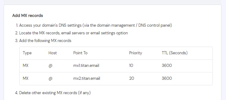 Titan Email DNS instructions showing MX records: mx1.titan.email and mx2.titan.email with priorities 10 and 20
