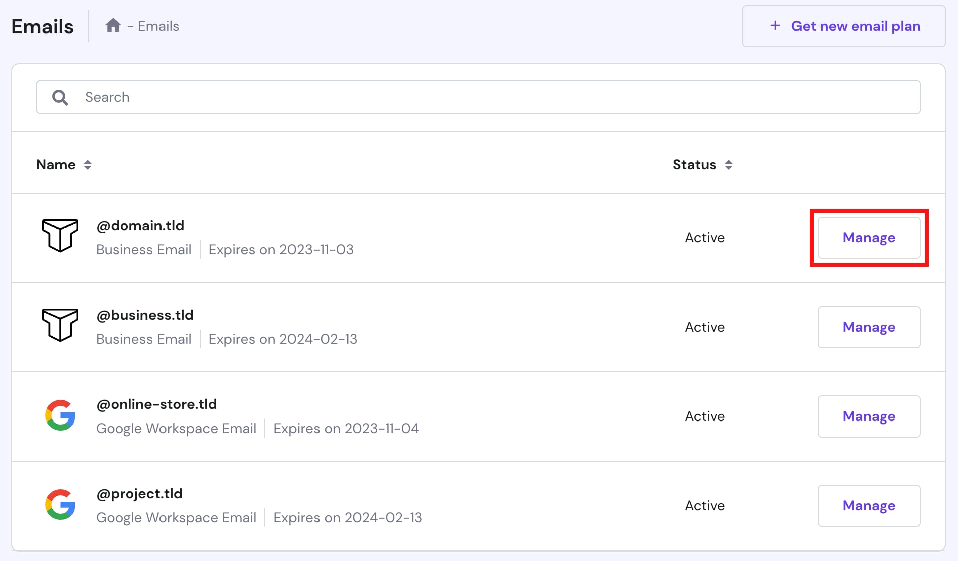 Hostinger Emails list with the Manage button for @domain.tld highlighted