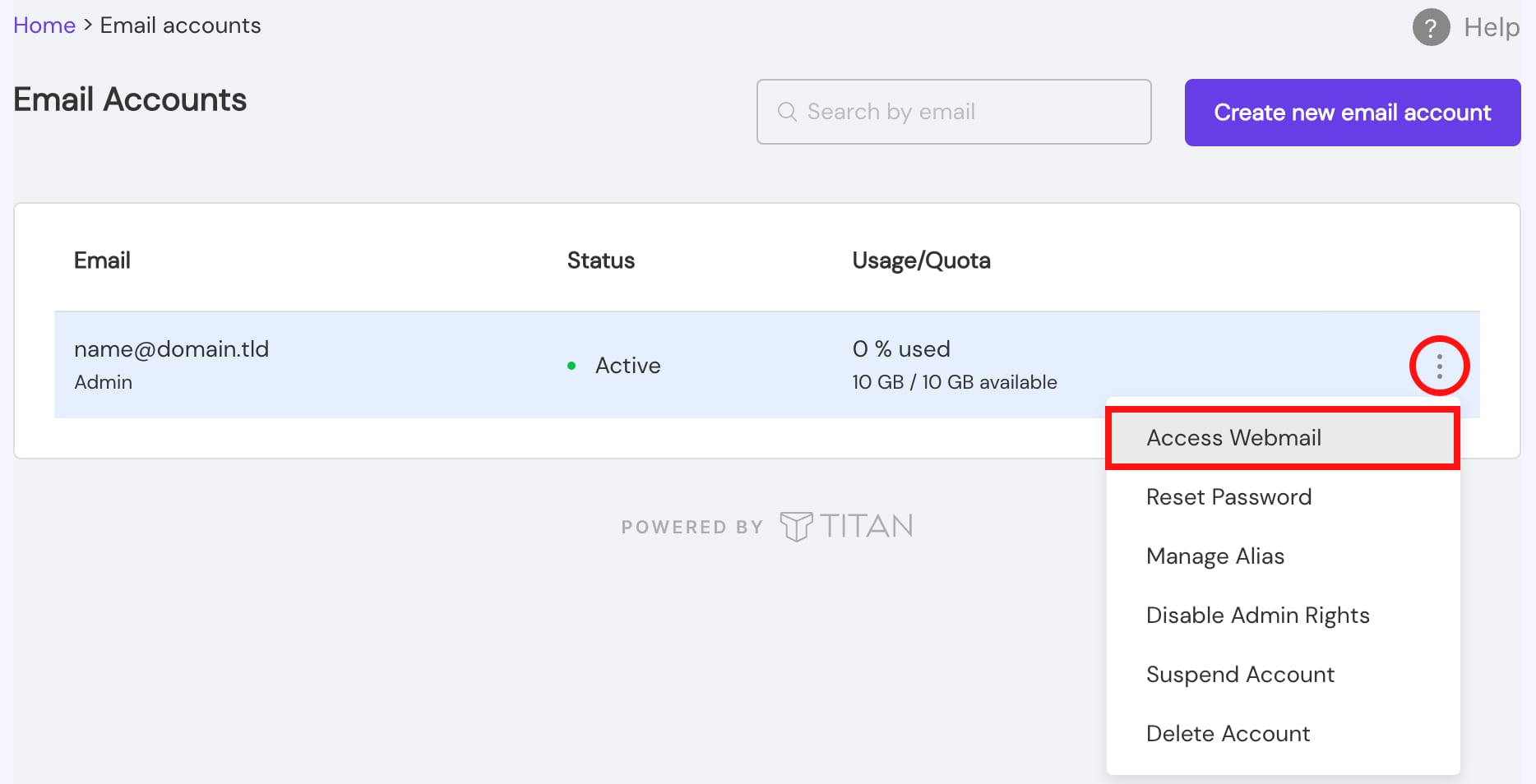 Titan Email accounts page with Access Webmail option highlighted in the account menu
