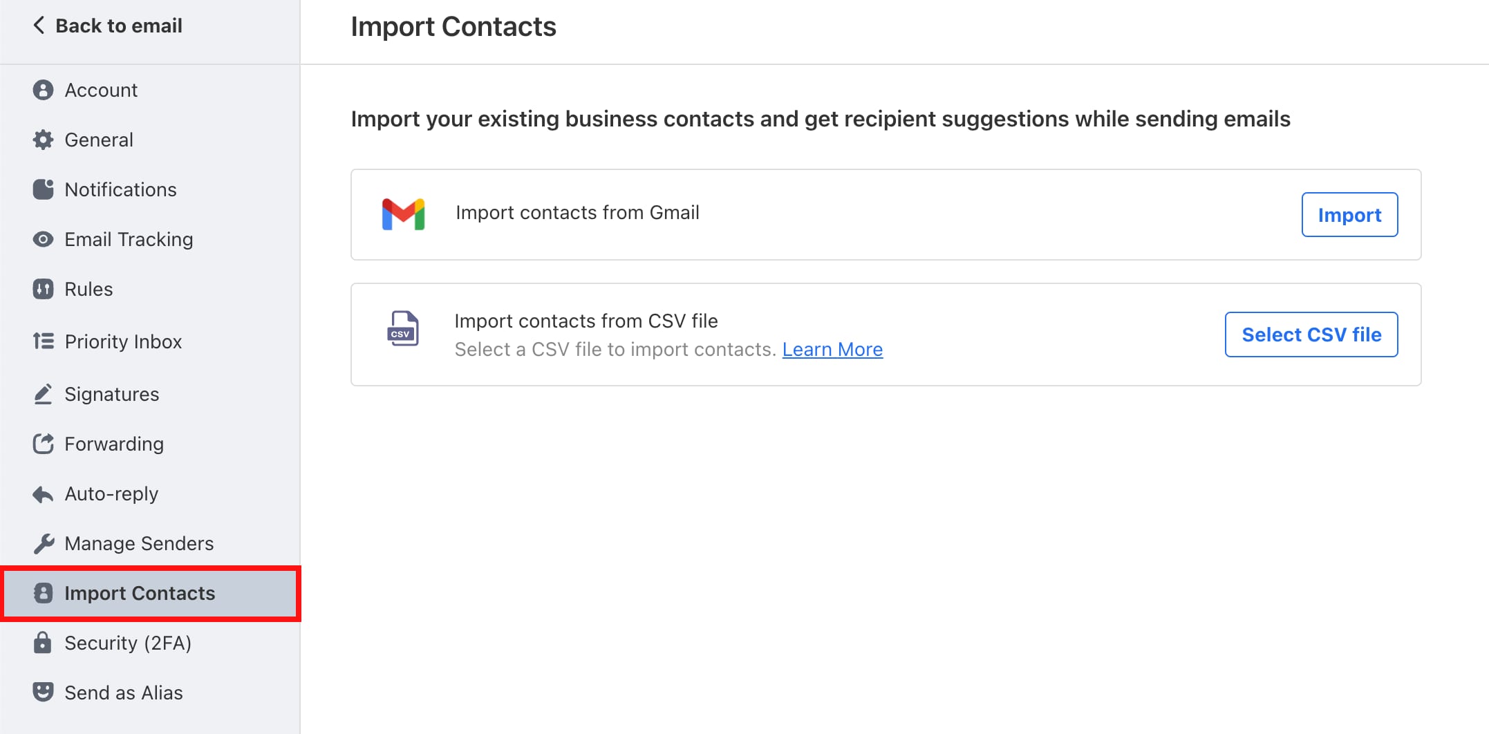 Titan Email settings with Import Contacts highlighted in the left sidebar