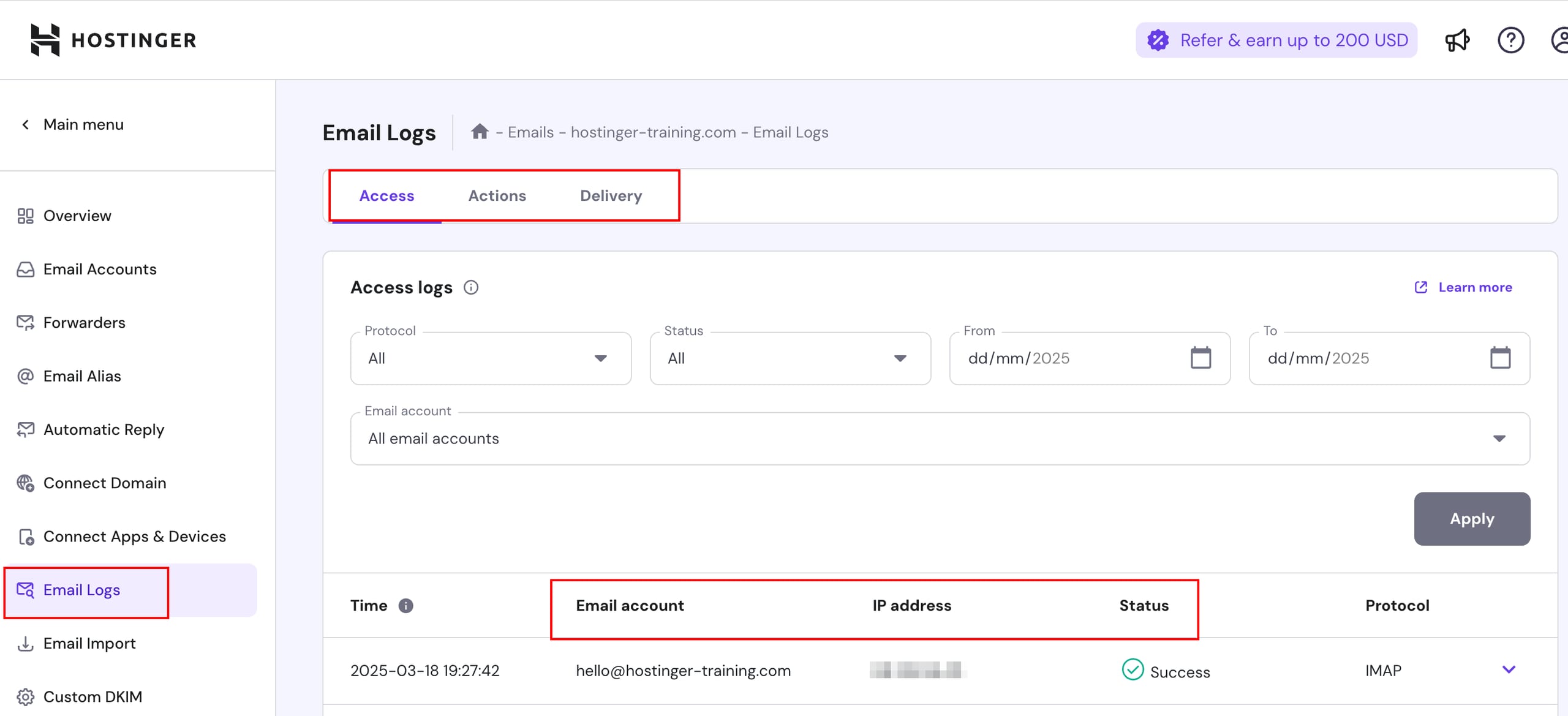 Hostinger Email Logs page with Access tab and email account, IP address, status table highlighted