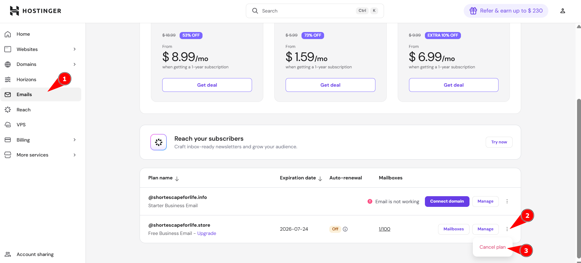 Hostinger email dashboard with the Emails menu selected and a Cancel plan popup option highlighted