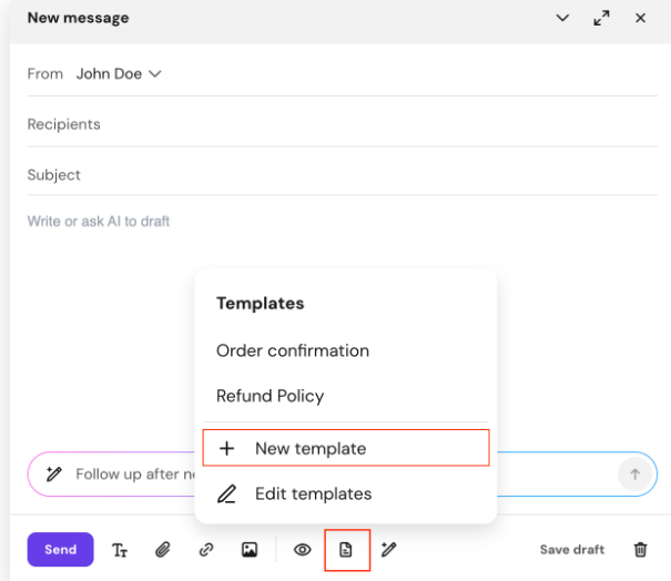 Email compose window with Templates menu open and New template highlighted