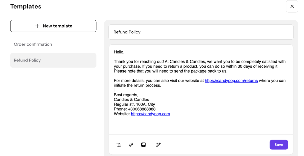 Templates editor with Refund Policy template open and Save button visible