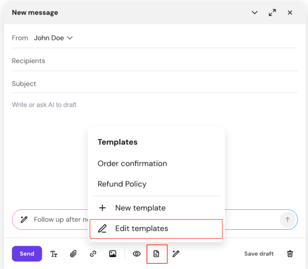 Email compose window with Templates menu open, Edit templates option selected in the popup