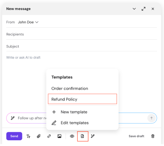 Email compose template menu with Refund Policy highlighted