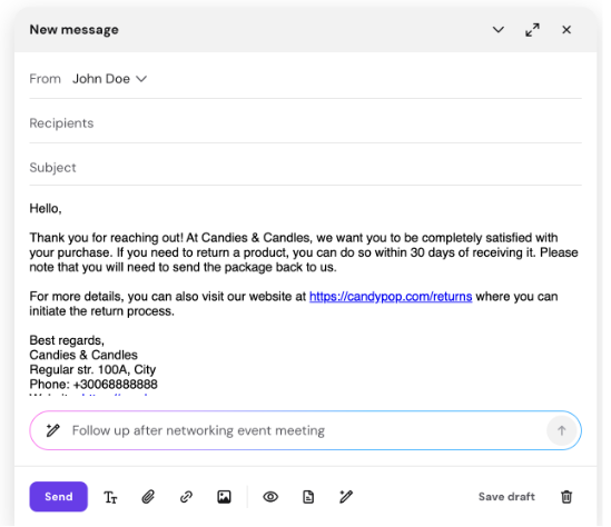 Email compose window with AI prompt field filled with "Follow up after networking event meeting"