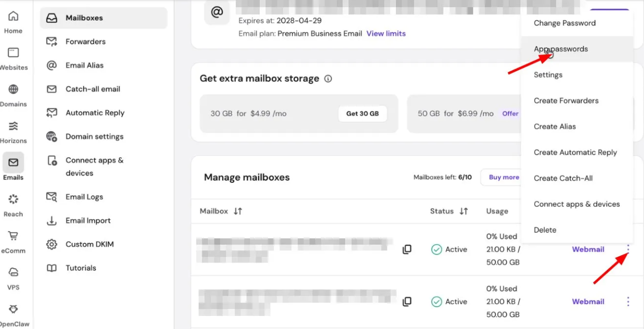 Email mailbox actions menu open, with App passwords option highlighted