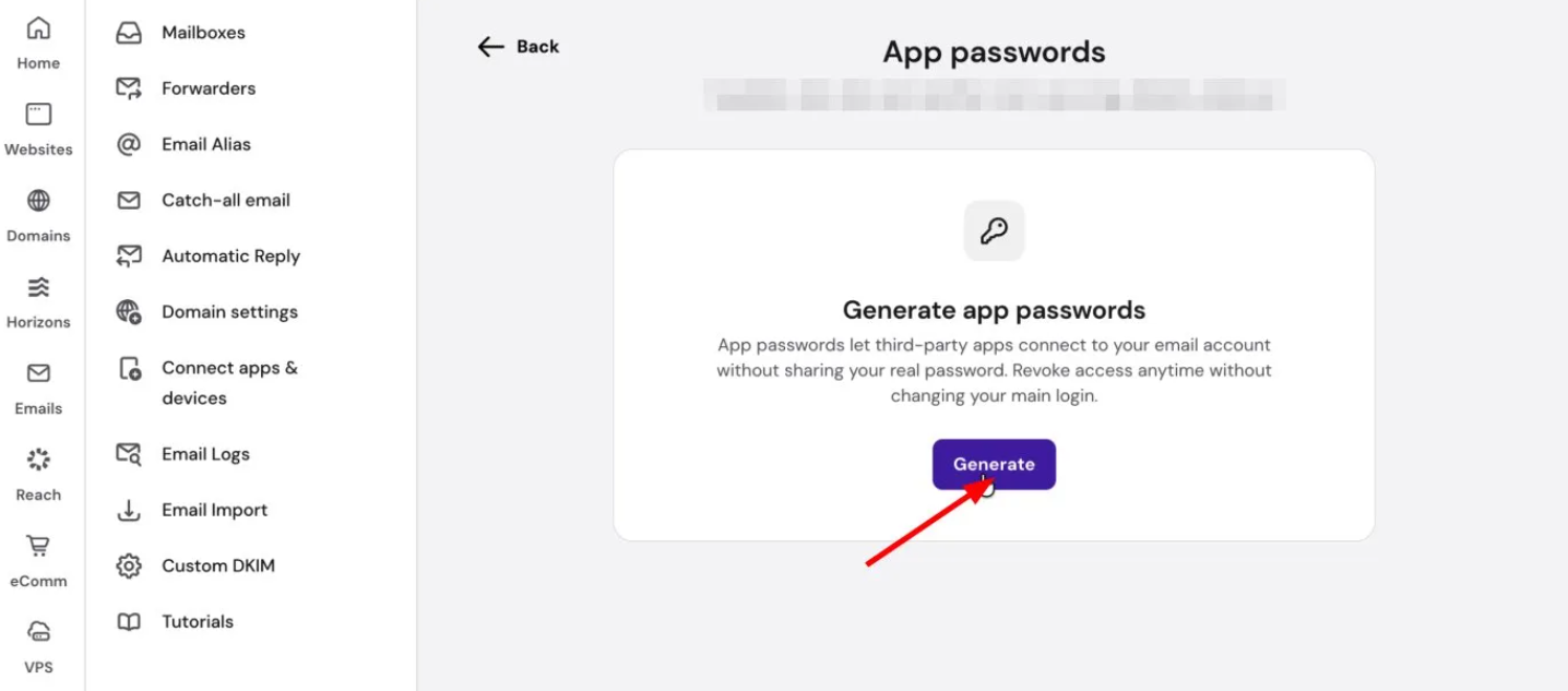 Emails app passwords page with the Generate button highlighted by a red arrow