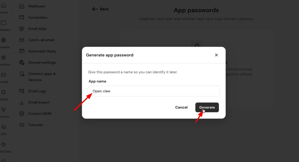 OpenClaw app password dialog with the Generate button highlighted