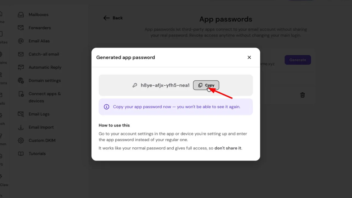 Email app passwords popup with the Copy button highlighted for a generated password