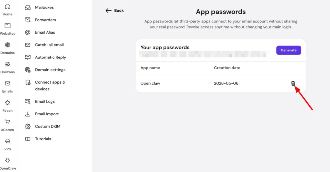 OpenClaw app passwords page with the delete trash icon highlighted for one app password