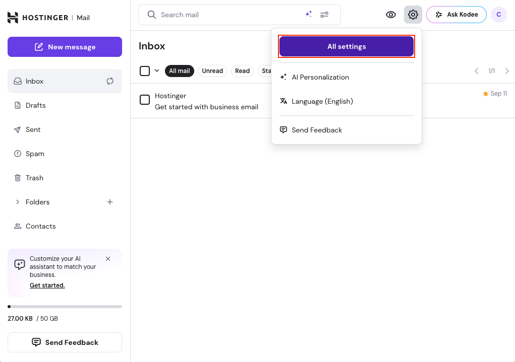 Hostinger Mail settings menu with “All settings” highlighted
