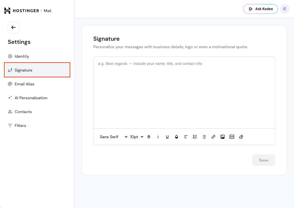 Hostinger Mail settings, Signature section selected in the sidebar with signature editor open