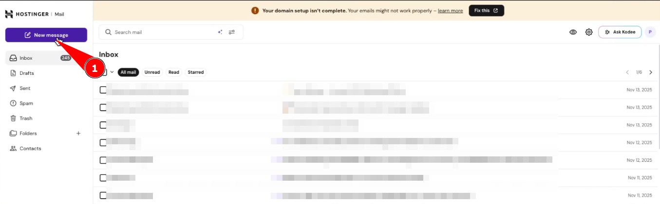 Hostinger Mail inbox with the New message button highlighted