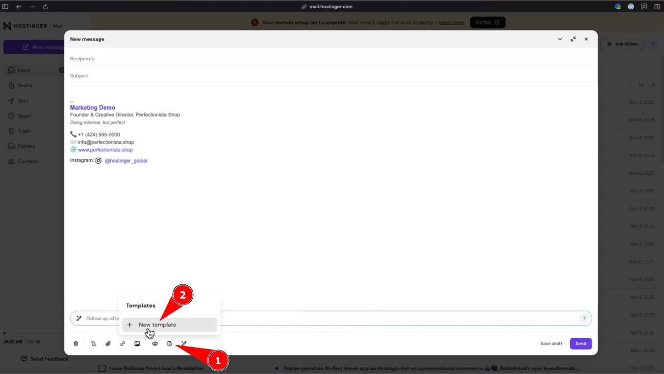 Hostinger Mail compose window with Templates menu open and New template highlighted