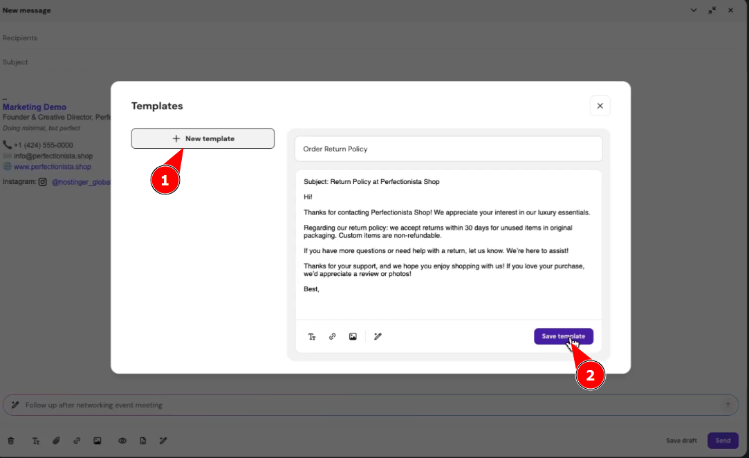 Templates modal with new template and save template buttons highlighted for an email draft