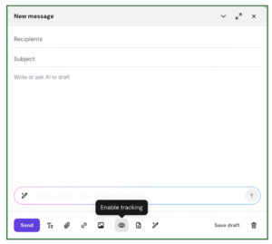Email compose window with tooltip on tracking eye icon: Enable tracking