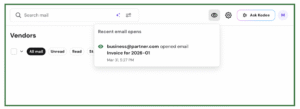 Email dashboard popup showing recent email opens for business@partner.com and invoice for 2026-01