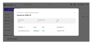 Hostinger Mail popup showing email open stats for invoice 2026-01