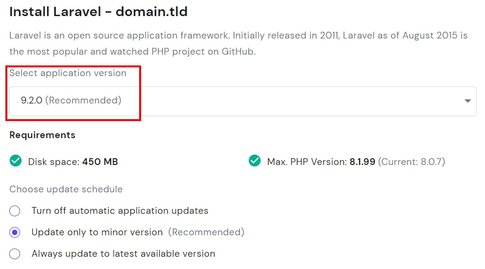 Laravel install screen with application version dropdown set to 9.2.0 recommended