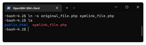 OpenSSH terminal showing ln -s command creating symlink_file.php next to public_html