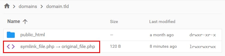 Hostinger file manager showing symlink_file.php linked to original_file.php in domain.tld/public_html