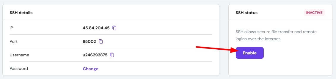 Hostinger SSH status panel with the Enable button highlighted