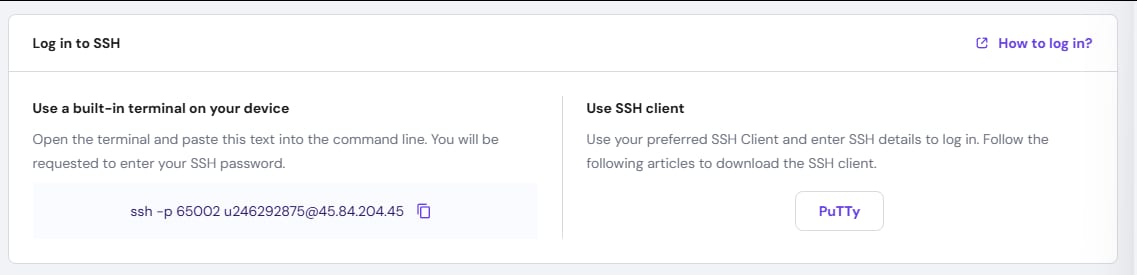 SSH login details with command and PuTTY button for a hosting plan