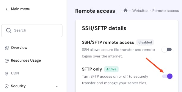 Hostinger remote access settings with SFTP only toggle highlighted as active