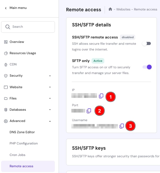 Hostinger remote access panel showing SFTP IP, port, and username fields
