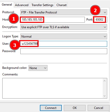 FTP setup fields highlighted: host IP, port 65002, and user ID in connection settings dialog