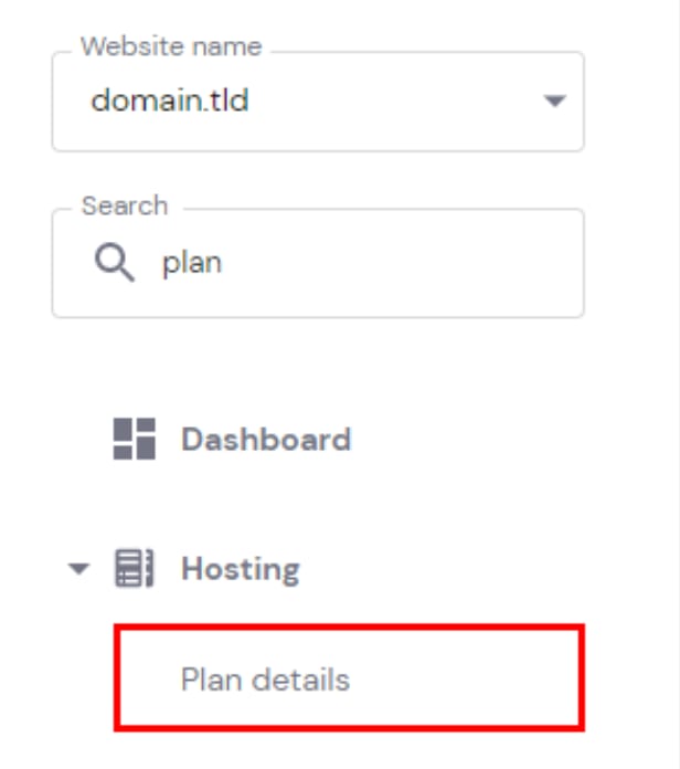 Hostinger sidebar with Hosting section expanded and Plan details selected