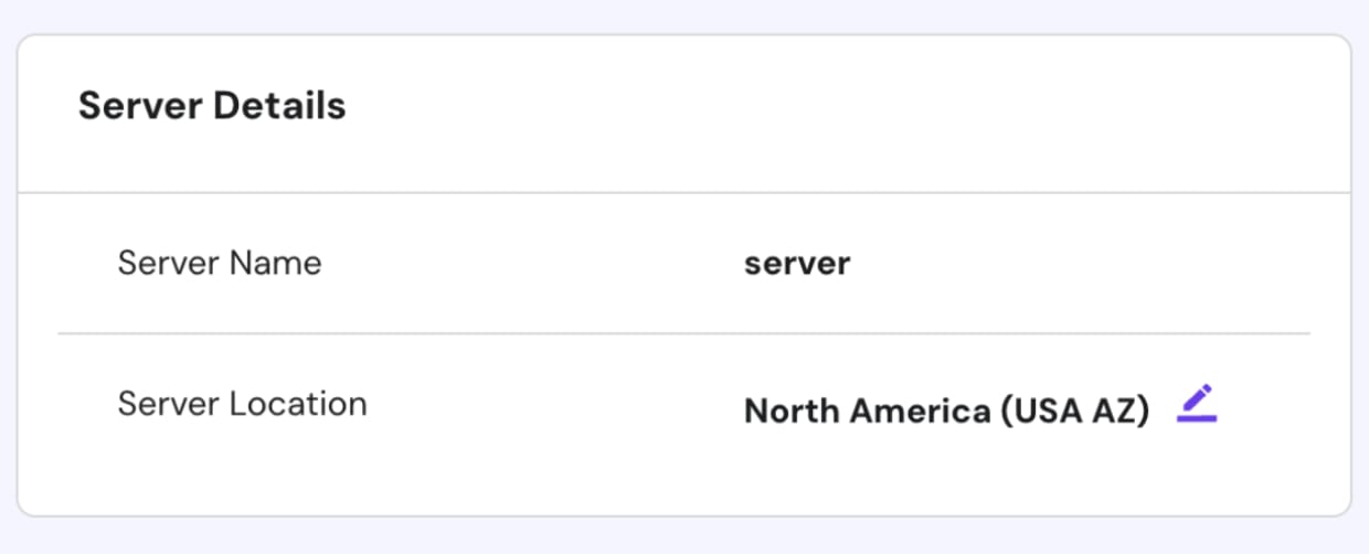 Server Details showing Server Location set to North America (USA AZ) with edit icon highlighted