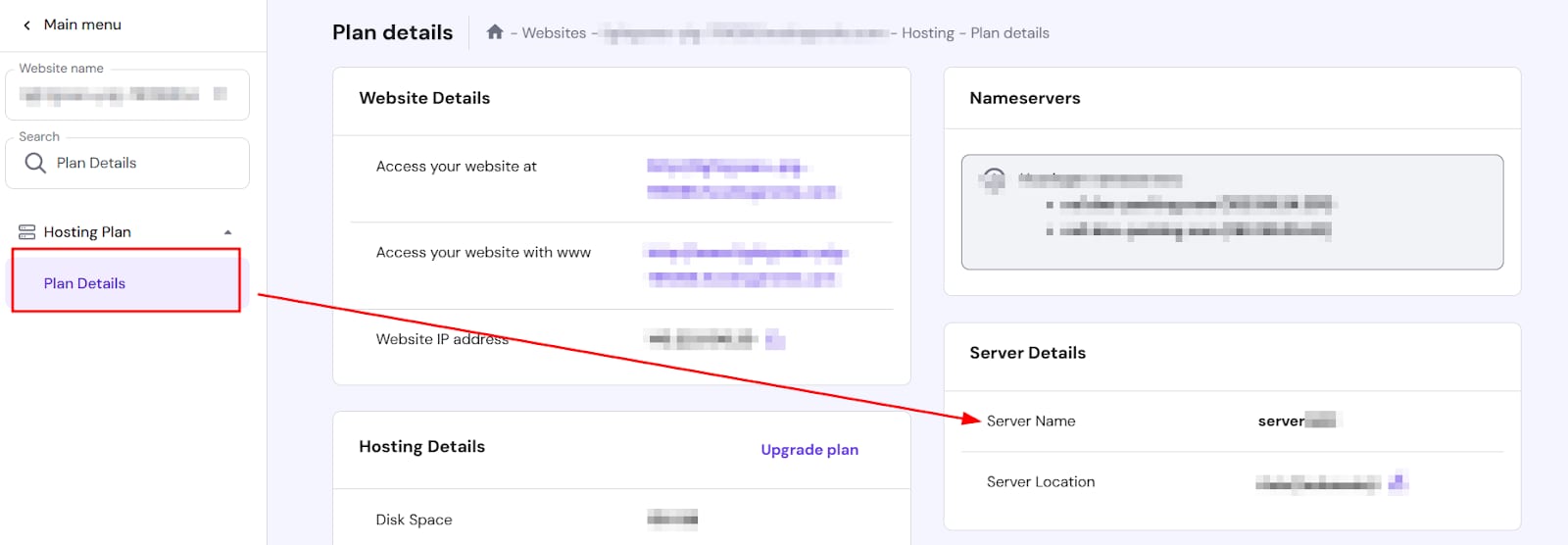 Hostinger plan details with Server Name highlighted in Server Details panel