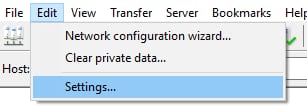 FileZilla Edit menu with Settings option highlighted