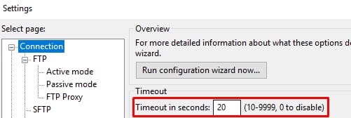 FTP connection settings with timeout field set to 20 seconds highlighted in the Settings window