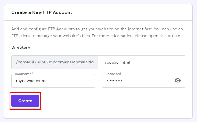 Hostinger FTP account form with the Create button highlighted