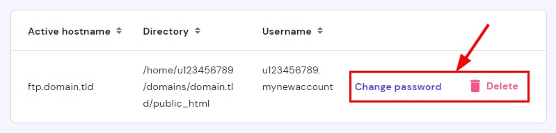 Hostinger FTP account row with the Change password and Delete actions highlighted