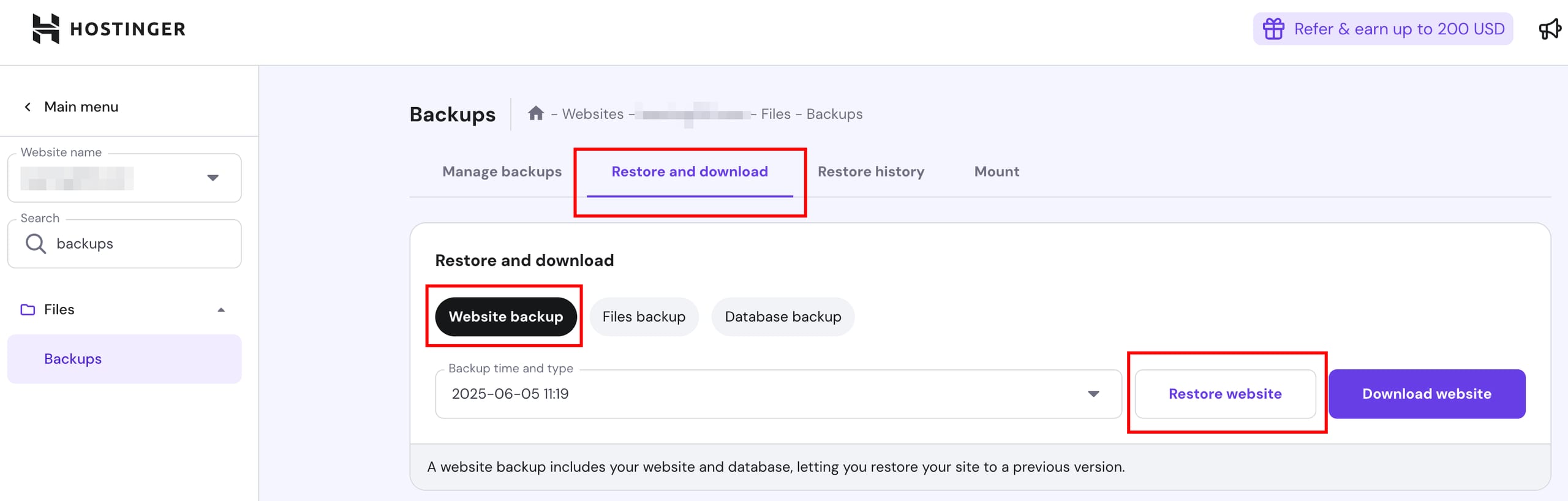 Hostinger Backups page with Restore and download tab and Restore website button highlighted