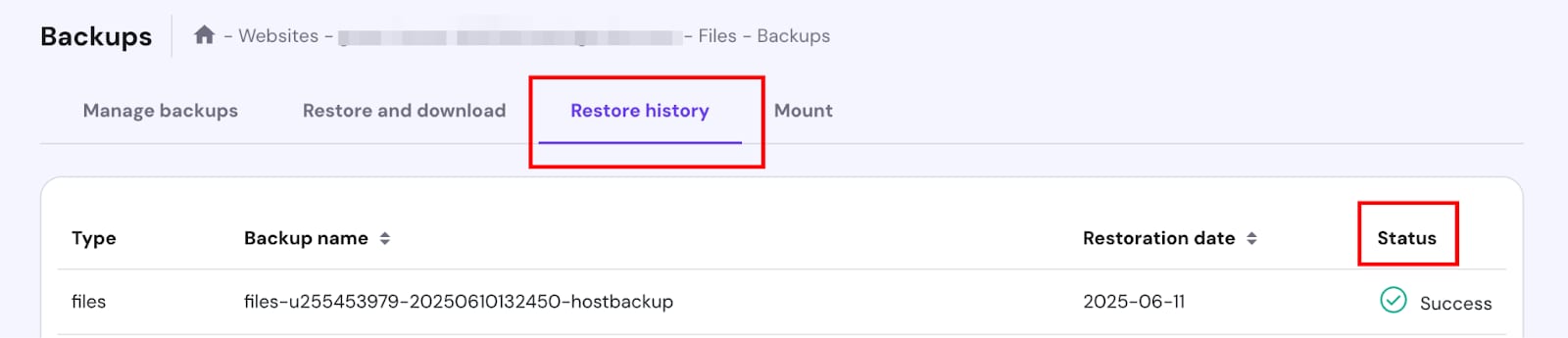 Hostinger Backups page with the Restore history tab and Status column highlighted