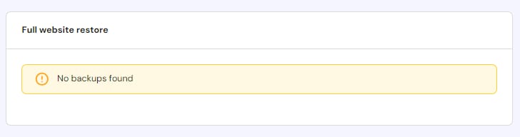 Hostinger full website restore page showing a highlighted “No backups found” notice
