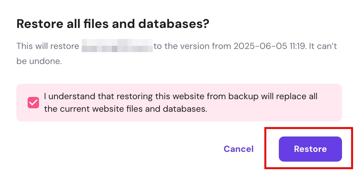 Hostinger confirmation dialog with Restore button highlighted for website backup recovery