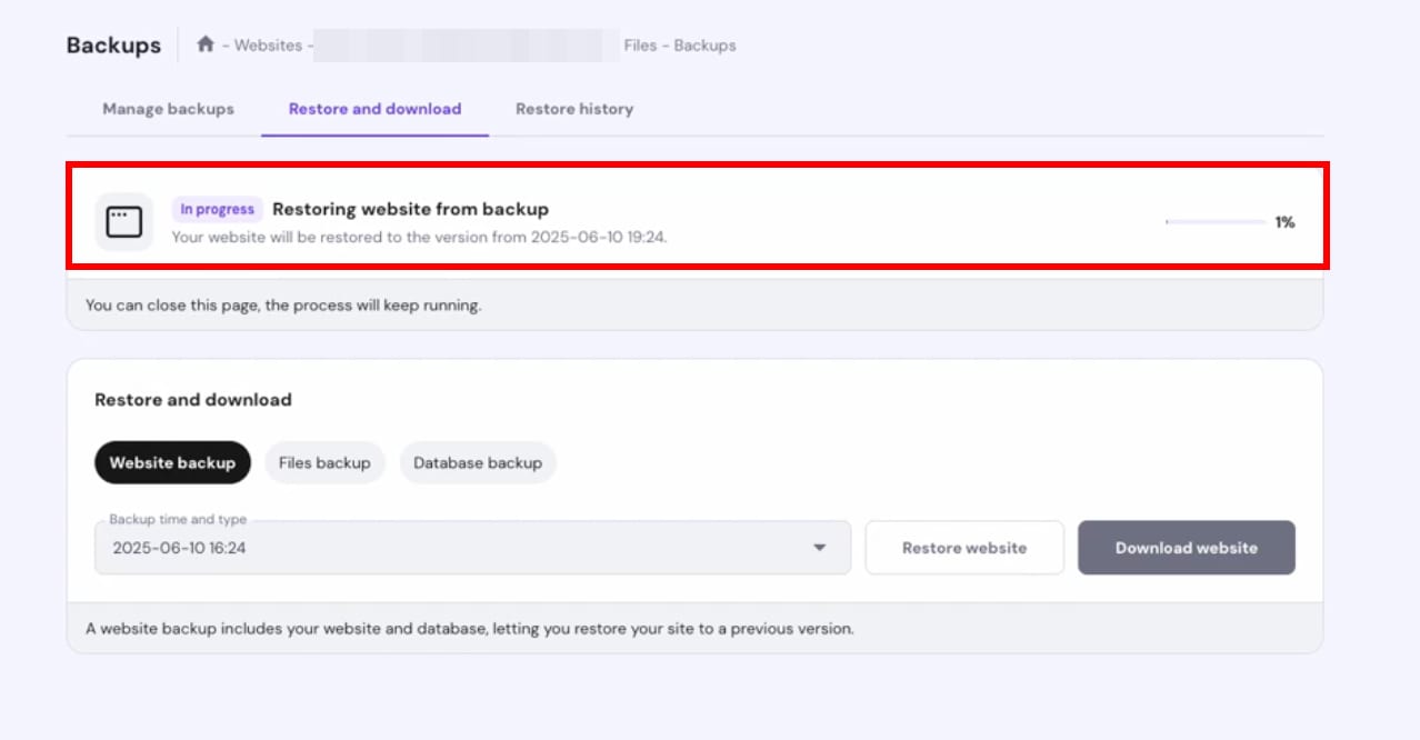 Hostinger backups page showing website restoration in progress at 1%