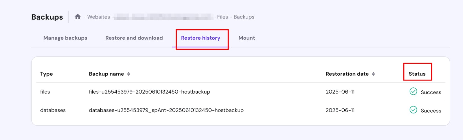 Hostinger backups page with the Restore history tab and Status column highlighted