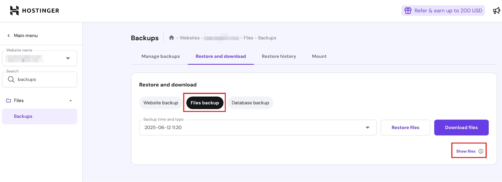 Hostinger Backups page with the Files backup tab and Show files link highlighted