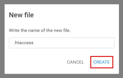 Hostinger file dialog with .htaccess entered and the Create button highlighted