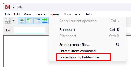 FileZilla menu showing the Force showing hidden files option highlighted