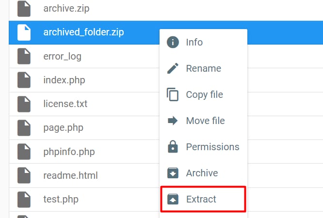 Hostinger File Manager context menu with Extract option highlighted for archived_folder.zip