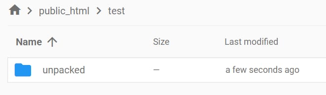 Hostinger File Manager showing the unpacked folder in public_html/test